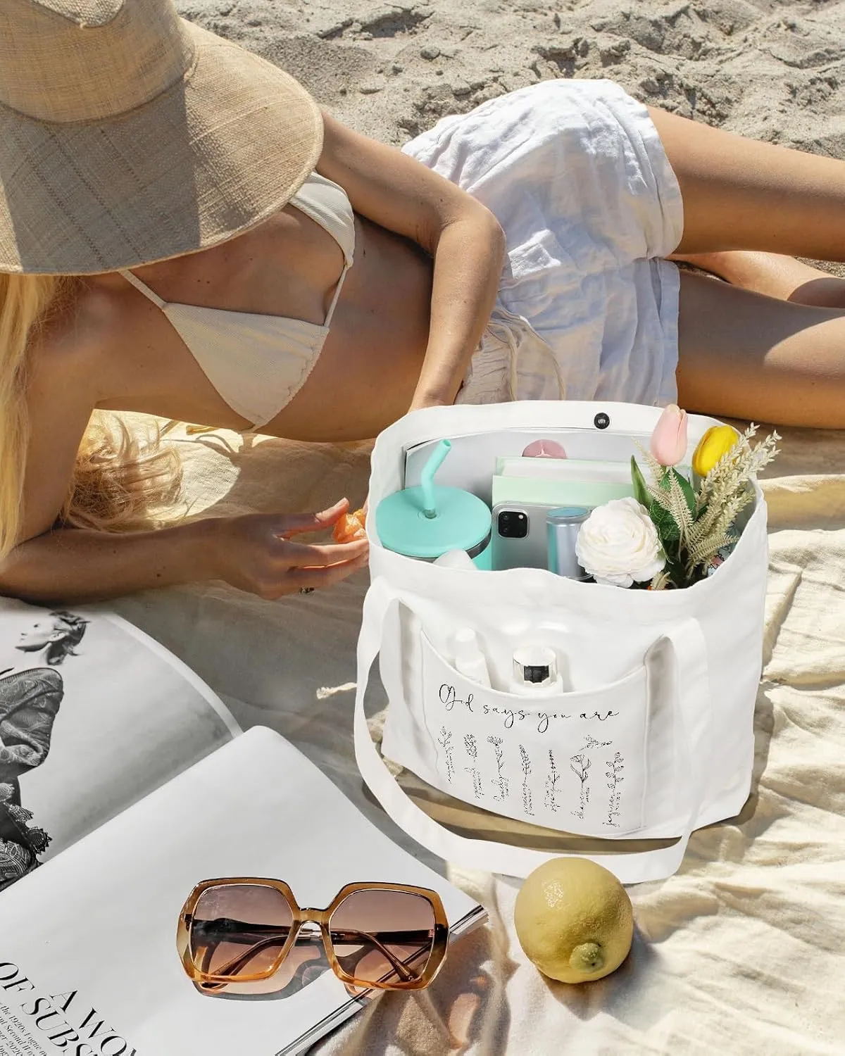 Large Canvas Tote Bag Zipper Closure - Outside Pocket Size 17.5''14'' Aesthetic Boat Bag for Women Cotton