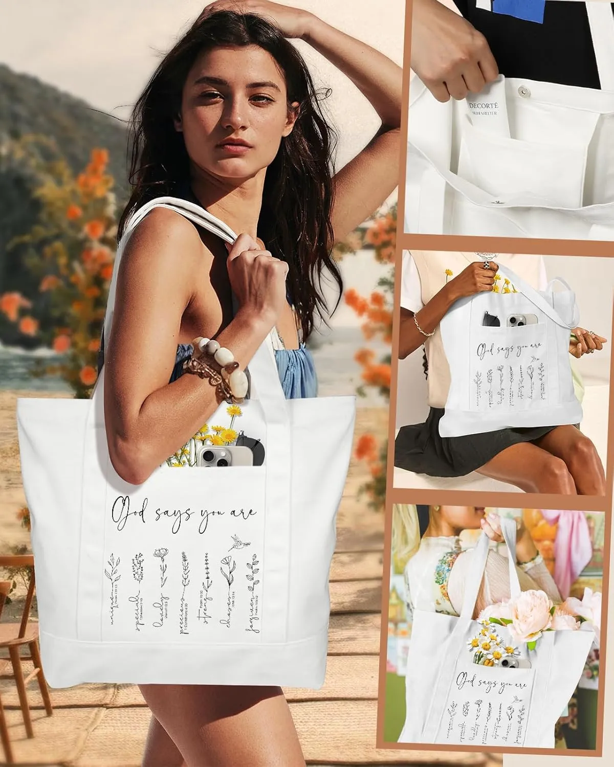 Large Canvas Tote Bag Zipper Closure - Outside Pocket Size 17.5''14'' Aesthetic Boat Bag for Women Cotton