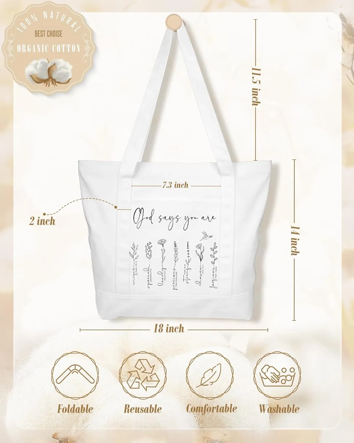 Large Canvas Tote Bag Zipper Closure - Outside Pocket Size 17.5''14'' Aesthetic Boat Bag for Women Cotton