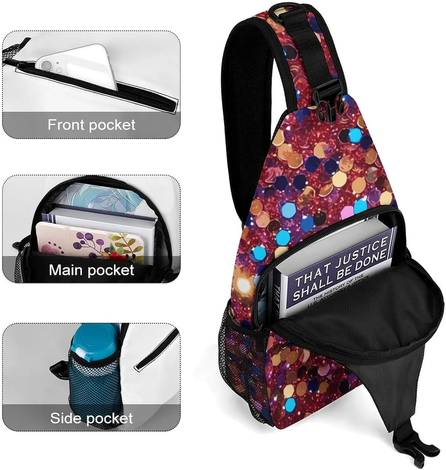 Lightweight Chest Bag Crossbody Bag Glitter Pattern Sling Backpack for Women Men Sports Travel