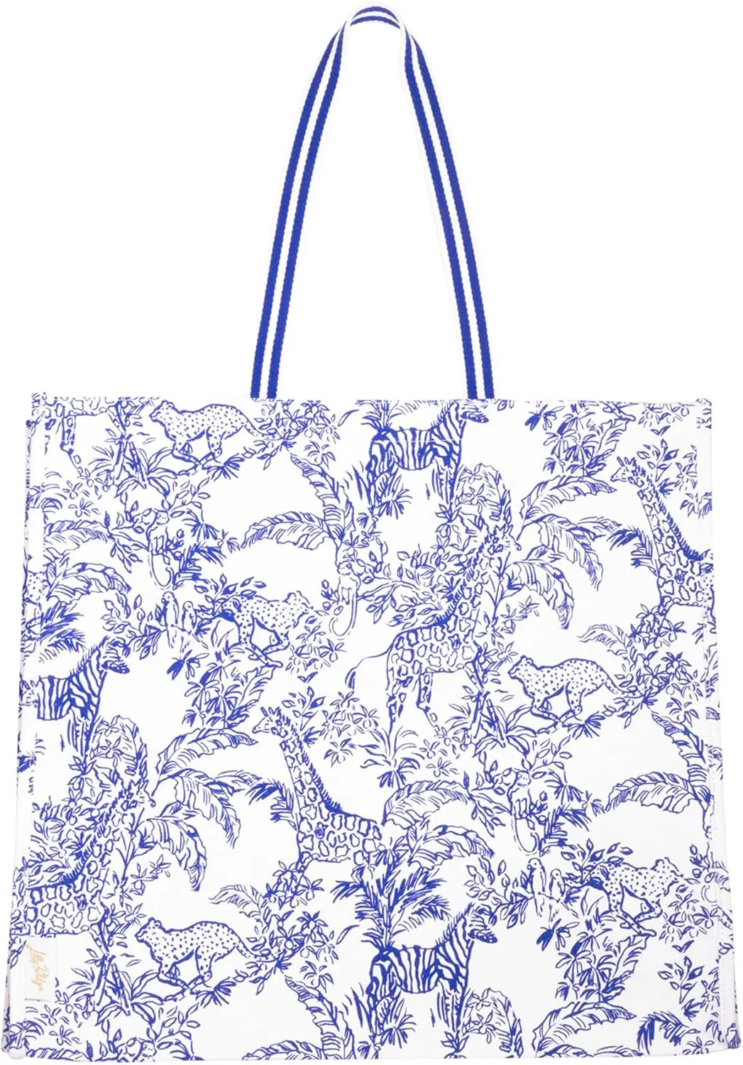 Lilly Pulitzer Blue and White Large Eco Tote, Market Shopper Bag, Oversize Reusable Grocery Tote with Comfortable Shoulder Straps, 13.5" x 14", (Safari Party)
