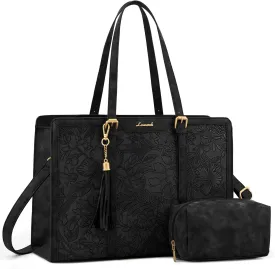 LOVEVOOK Laptop Bag for Women Vintage Leather Laptop Tote 15.6 inch Large Capacity Computer bag with Clutch Purse for Work