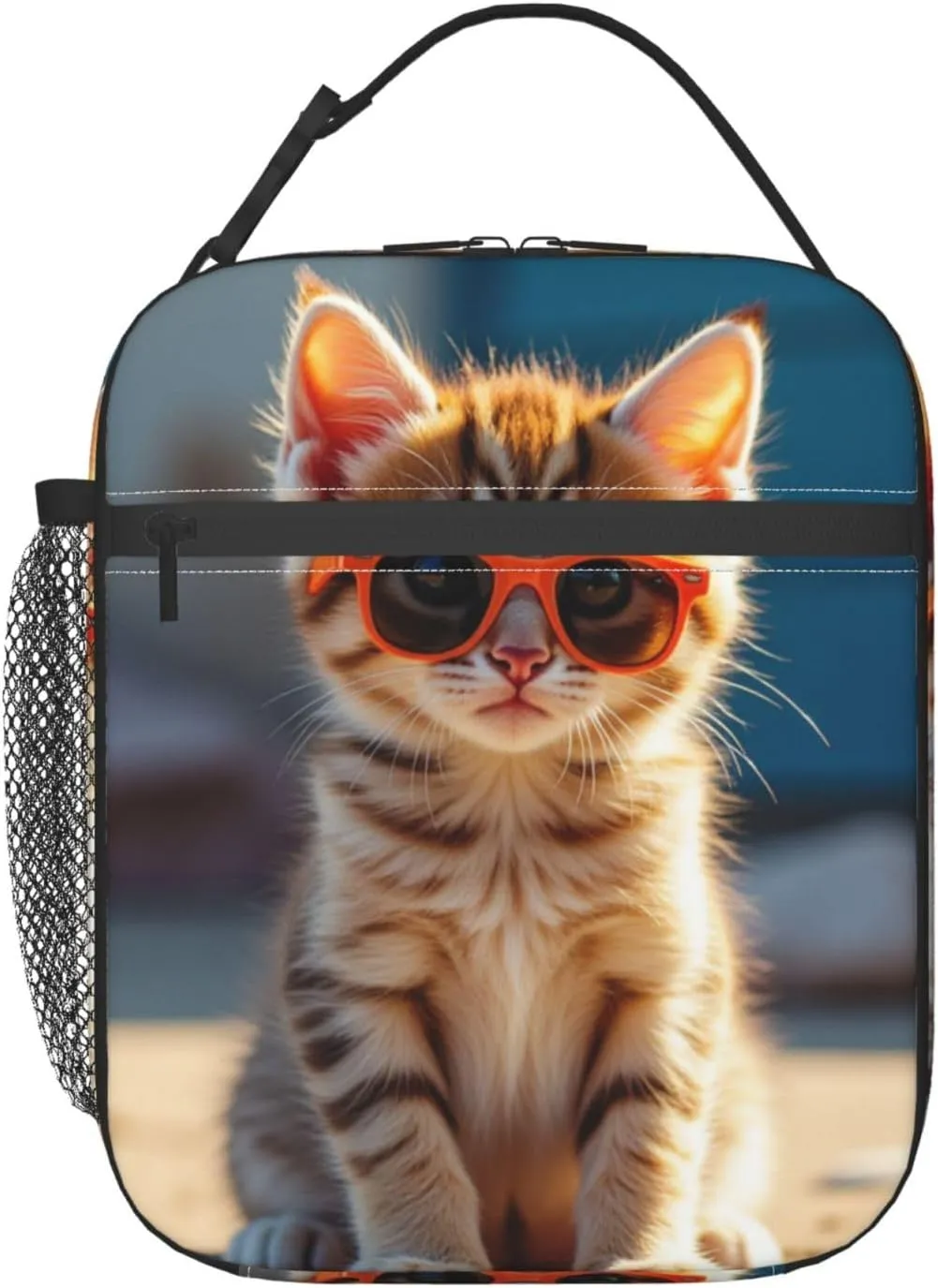 Portable Lunch Bag Insulated Kitten Wearing Orange Sunglasses On Concrete Ledge Lunch Box Reusable Tote Bag Unisex For Work, Travel, Picnic, Office, Camping, Hiking, Picnic, Beach10X8X4 Inch