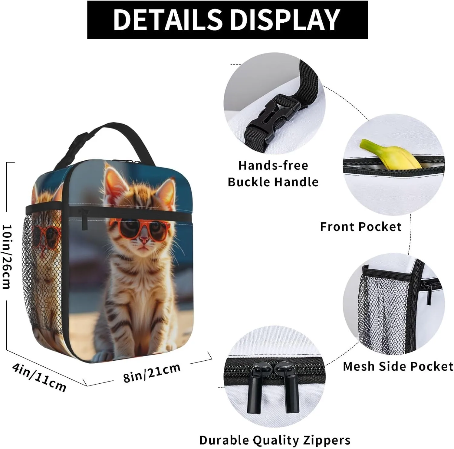 Portable Lunch Bag Insulated Kitten Wearing Orange Sunglasses On Concrete Ledge Lunch Box Reusable Tote Bag Unisex For Work, Travel, Picnic, Office, Camping, Hiking, Picnic, Beach10X8X4 Inch