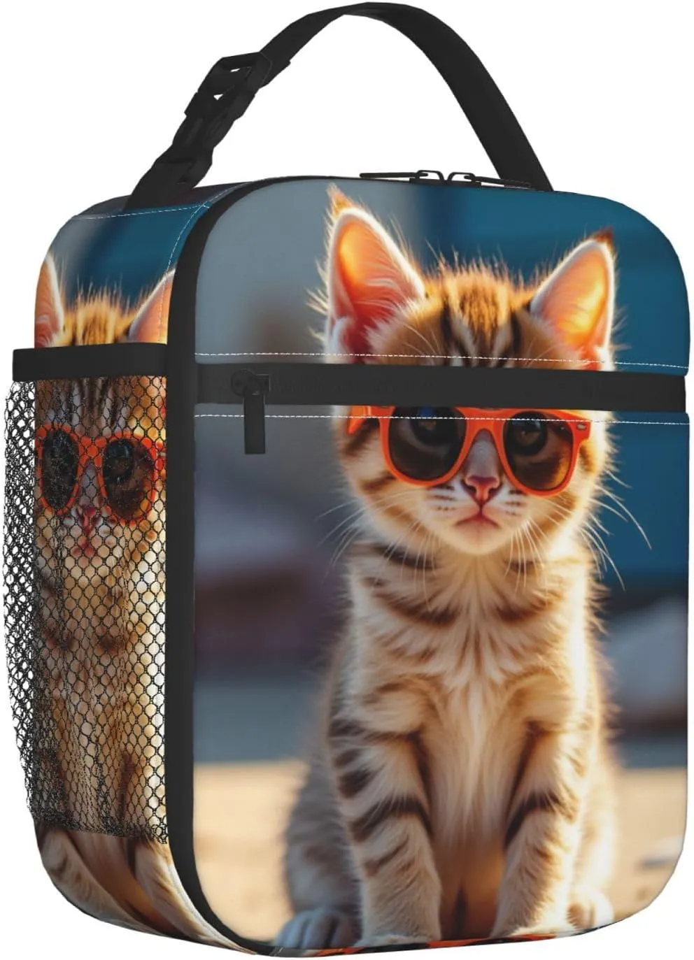 Portable Lunch Bag Insulated Kitten Wearing Orange Sunglasses On Concrete Ledge Lunch Box Reusable Tote Bag Unisex For Work, Travel, Picnic, Office, Camping, Hiking, Picnic, Beach10X8X4 Inch