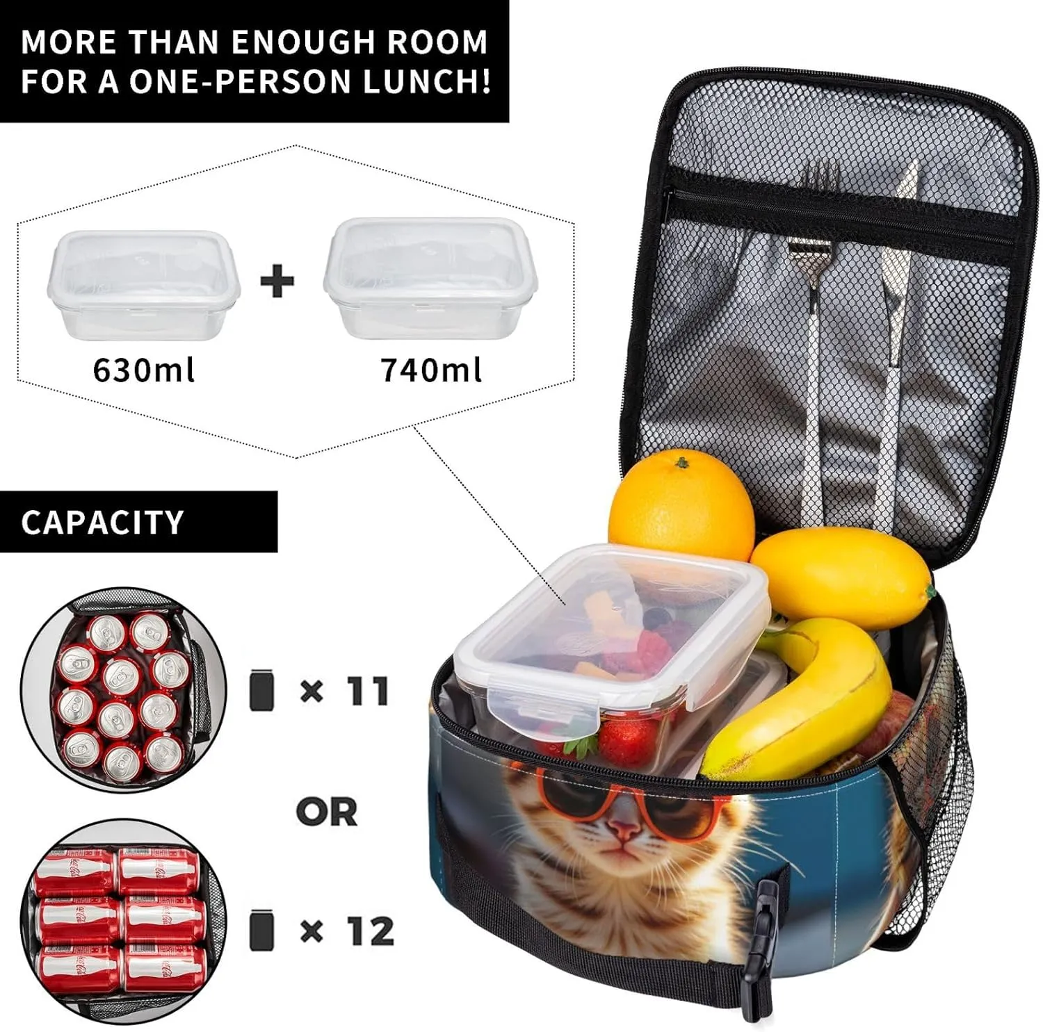Portable Lunch Bag Insulated Kitten Wearing Orange Sunglasses On Concrete Ledge Lunch Box Reusable Tote Bag Unisex For Work, Travel, Picnic, Office, Camping, Hiking, Picnic, Beach10X8X4 Inch