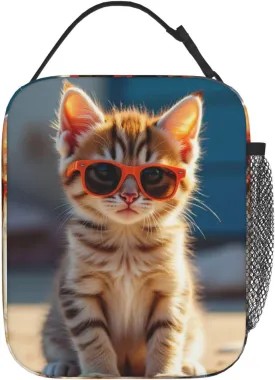 Portable Lunch Bag Insulated Kitten Wearing Orange Sunglasses On Concrete Ledge Lunch Box Reusable Tote Bag Unisex For Work, Travel, Picnic, Office, Camping, Hiking, Picnic, Beach10X8X4 Inch