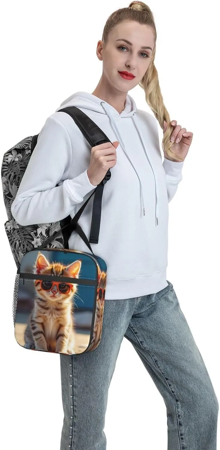 Portable Lunch Bag Insulated Kitten Wearing Orange Sunglasses On Concrete Ledge Lunch Box Reusable Tote Bag Unisex For Work, Travel, Picnic, Office, Camping, Hiking, Picnic, Beach10X8X4 Inch