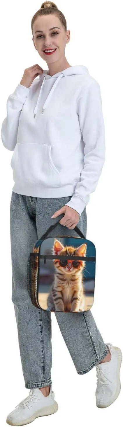 Portable Lunch Bag Insulated Kitten Wearing Orange Sunglasses On Concrete Ledge Lunch Box Reusable Tote Bag Unisex For Work, Travel, Picnic, Office, Camping, Hiking, Picnic, Beach10X8X4 Inch