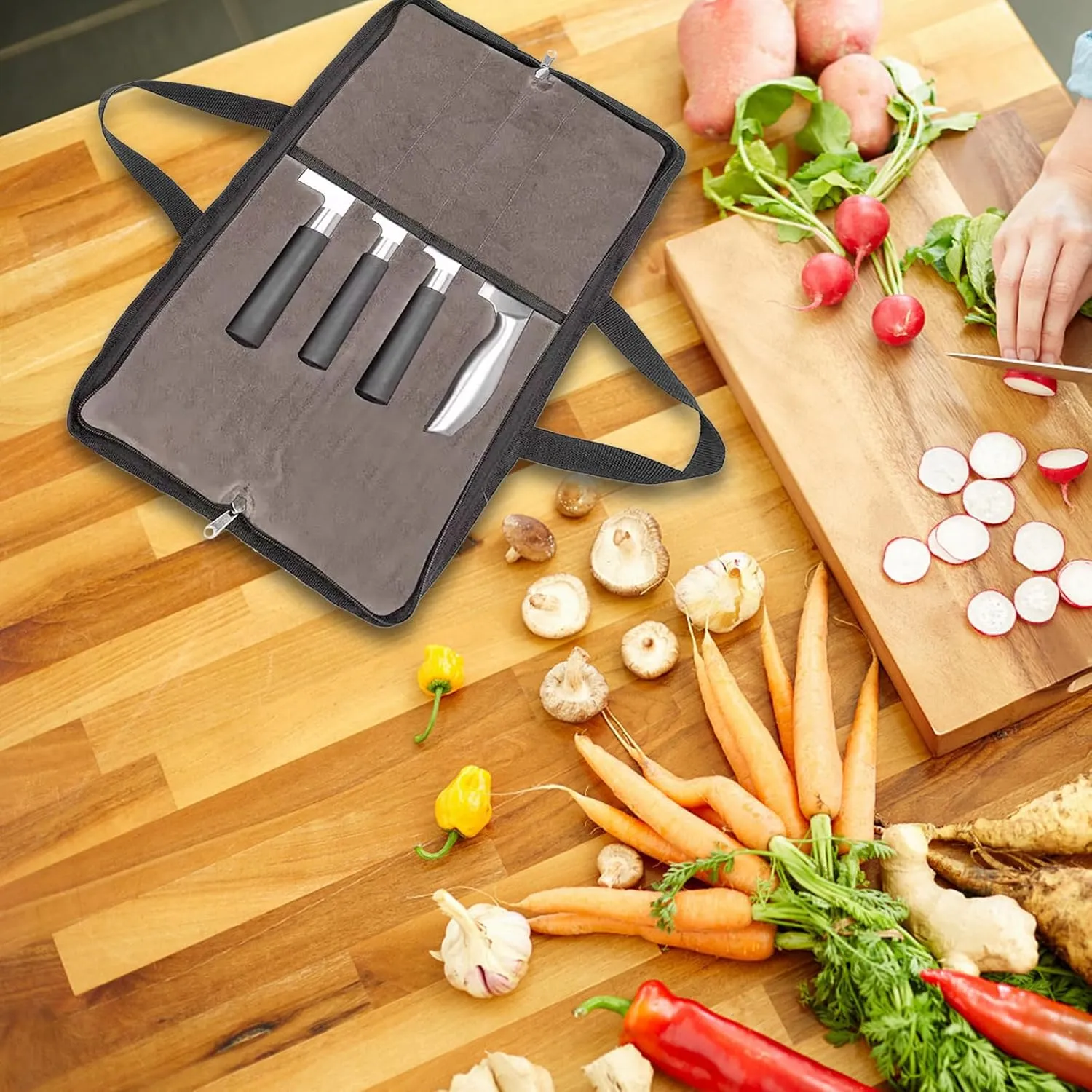 QEES Knife Roll,Heavy Duty Knife Bag,Waxed Canvas knife Case with 4 Slots For Knives & Kitchen Tools,Chef Knife Bag With Handle.Portable Knife Roll Bag For Chefs Culinary Traveling.Knives Pouch