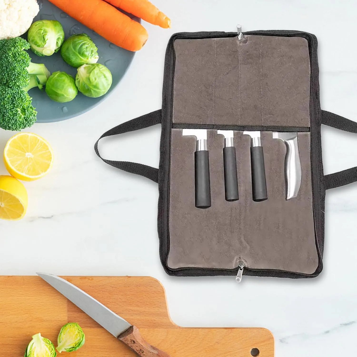 QEES Knife Roll,Heavy Duty Knife Bag,Waxed Canvas knife Case with 4 Slots For Knives & Kitchen Tools,Chef Knife Bag With Handle.Portable Knife Roll Bag For Chefs Culinary Traveling.Knives Pouch