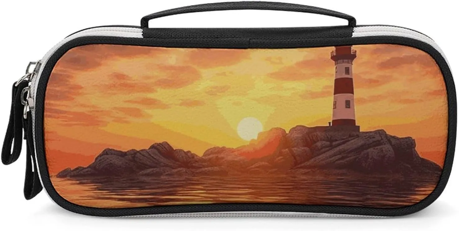 Sea Lighthouse in Sunset Leather Makeup Bag Portable Small Cosmetic Organizer Waterproof Toiletry Bags Brushes Pencils And Travel Make Up Accessories