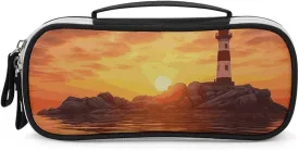 Sea Lighthouse in Sunset Leather Makeup Bag Portable Small Cosmetic Organizer Waterproof Toiletry Bags Brushes Pencils And Travel Make Up Accessories