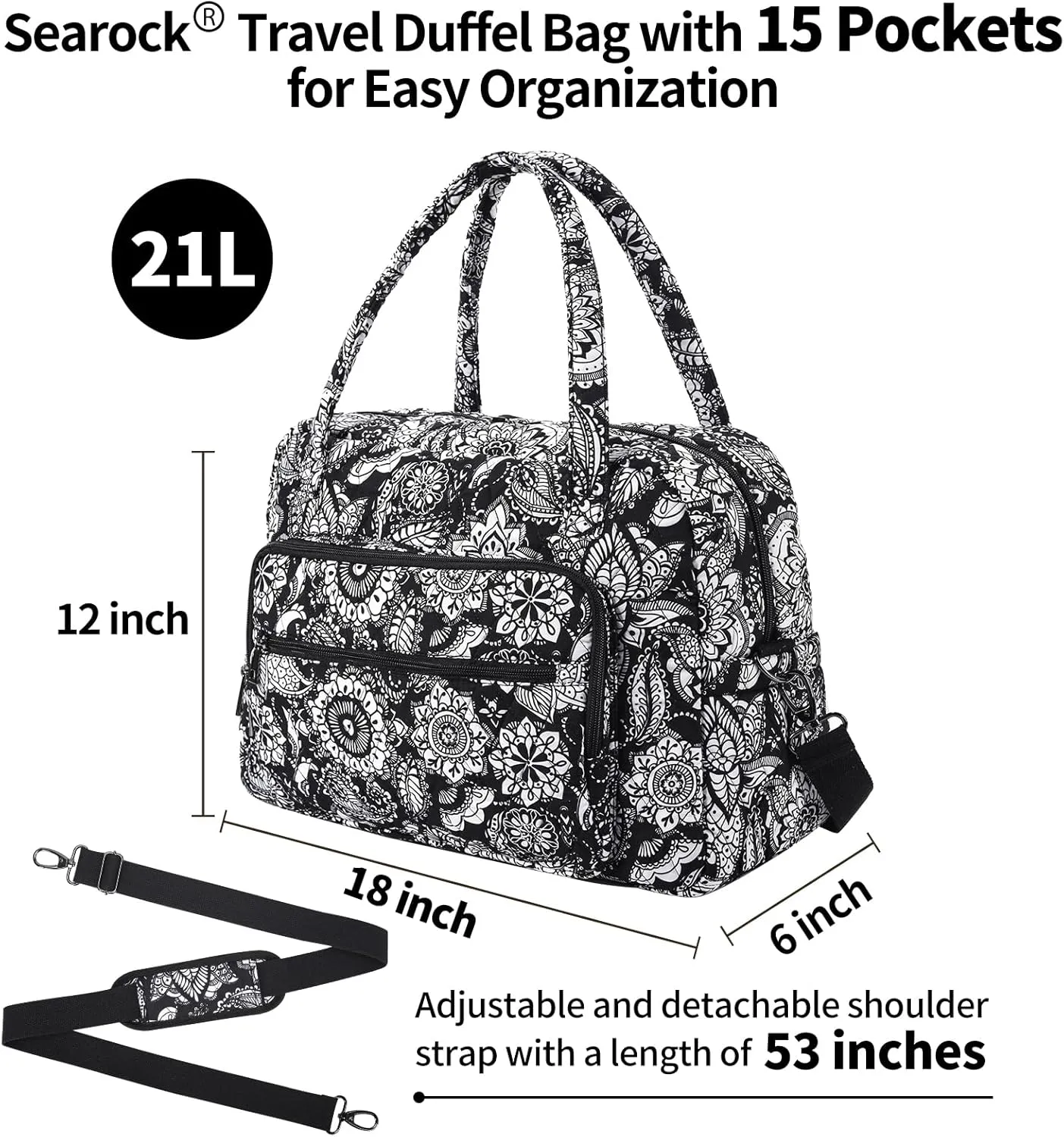 Searock Women's Weekender Bag 18in Cotton Carry On Overnight Travel Duffle Bag Lightweight with Plenty of Pockets-Black/White