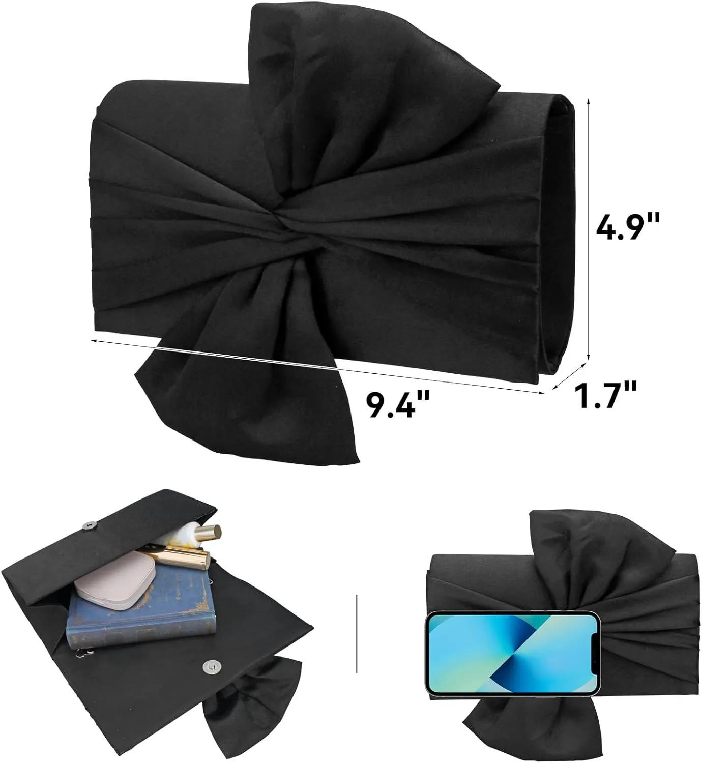 Simcat Womens Clutch Bag,Pleated Satin Handbag Lady Pleated Bow Purse Evening Bag with Chain for Wedding Prom Formal Party