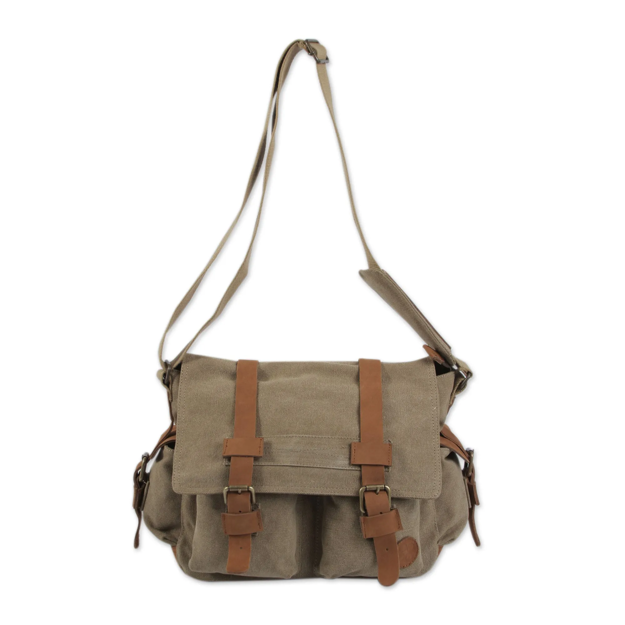 Tan and Brown Leather Accent Roomy Canvas Messenger Bag - Journey to Puno | NOVICA