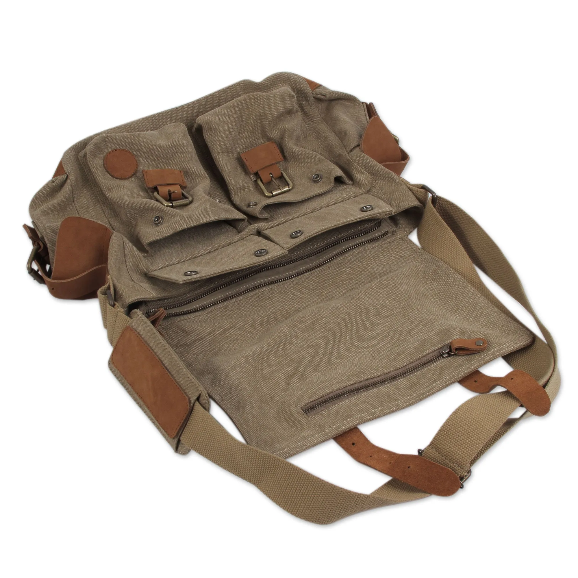 Tan and Brown Leather Accent Roomy Canvas Messenger Bag - Journey to Puno | NOVICA