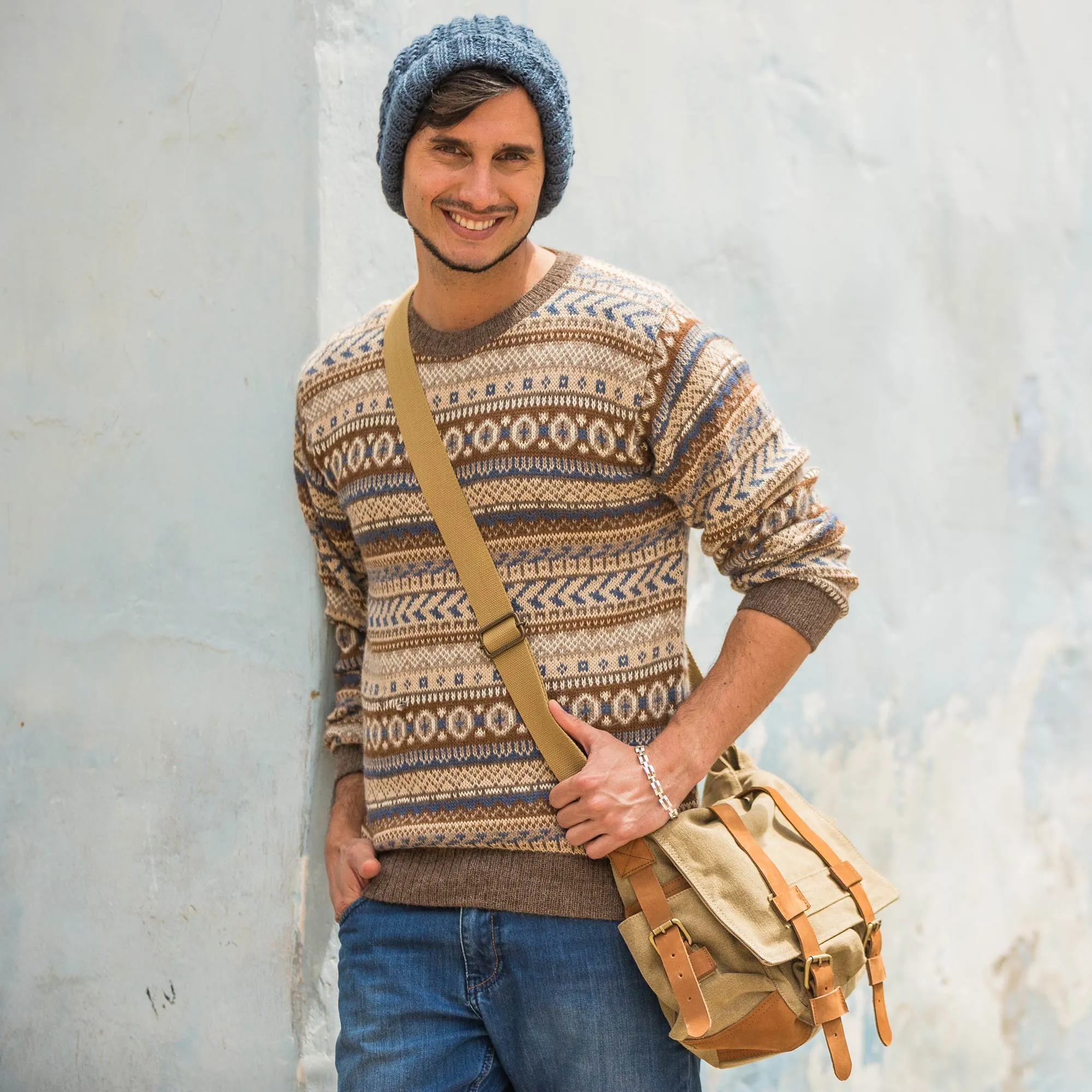Tan and Brown Leather Accent Roomy Canvas Messenger Bag - Journey to Puno | NOVICA