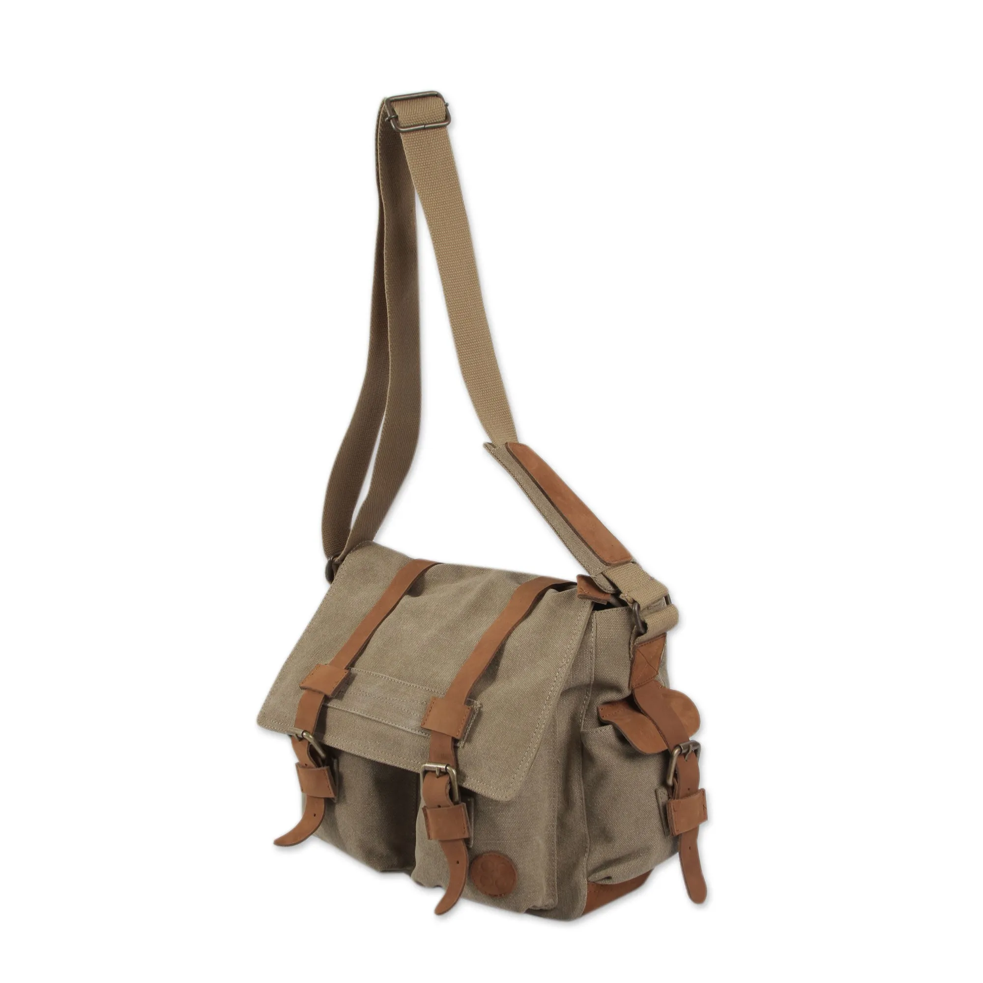 Tan and Brown Leather Accent Roomy Canvas Messenger Bag - Journey to Puno | NOVICA
