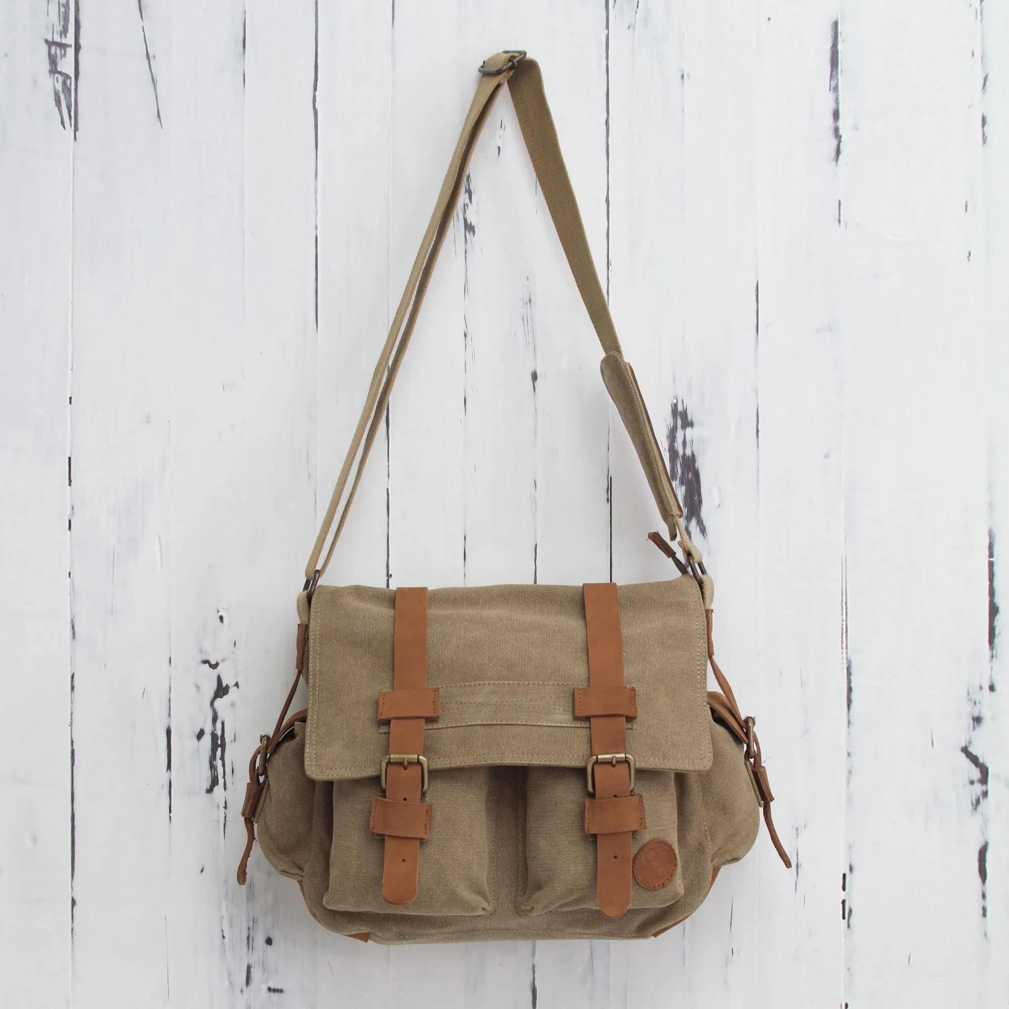 Tan and Brown Leather Accent Roomy Canvas Messenger Bag - Journey to Puno | NOVICA
