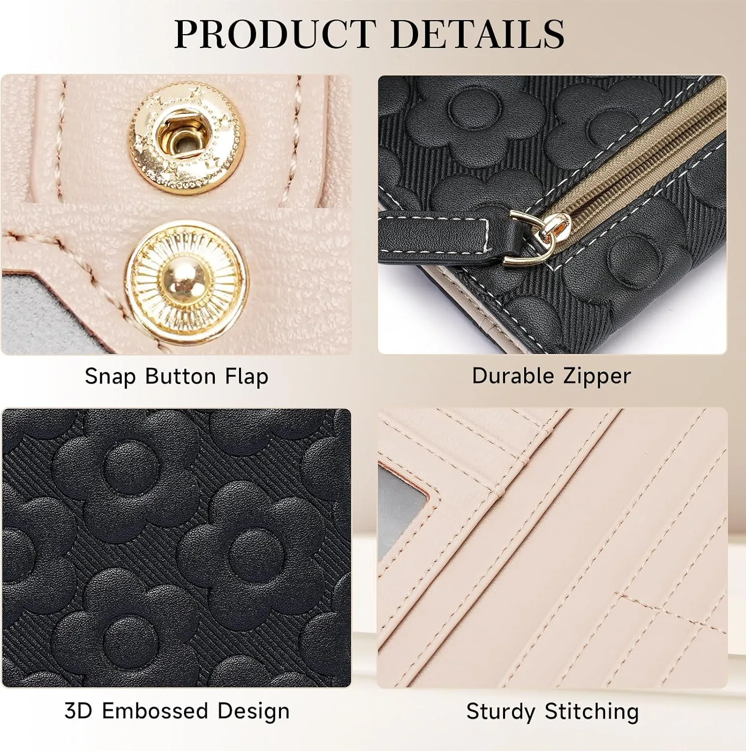Ultra Slim Thin Wallet Women 3D Embossed Flower Leather Womens Wallet RFID Blocking Credit Card Holder Bifold Clutch Long Ladies Billfold Wallet for Women Black