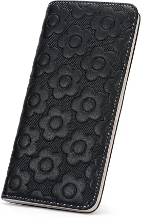 Ultra Slim Thin Wallet Women 3D Embossed Flower Leather Womens Wallet RFID Blocking Credit Card Holder Bifold Clutch Long Ladies Billfold Wallet for Women Black