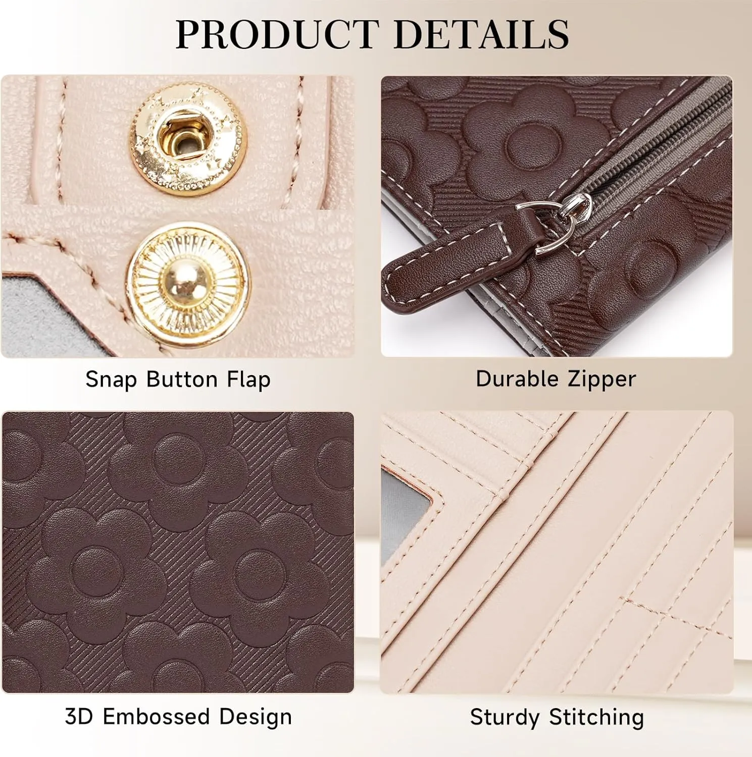 Ultra Slim Thin Wallet Women 3D Embossed Flower Leather Womens Wallet RFID Blocking Credit Card Holder Bifold Clutch Long Ladies Billfold Wallet for Women Coffee