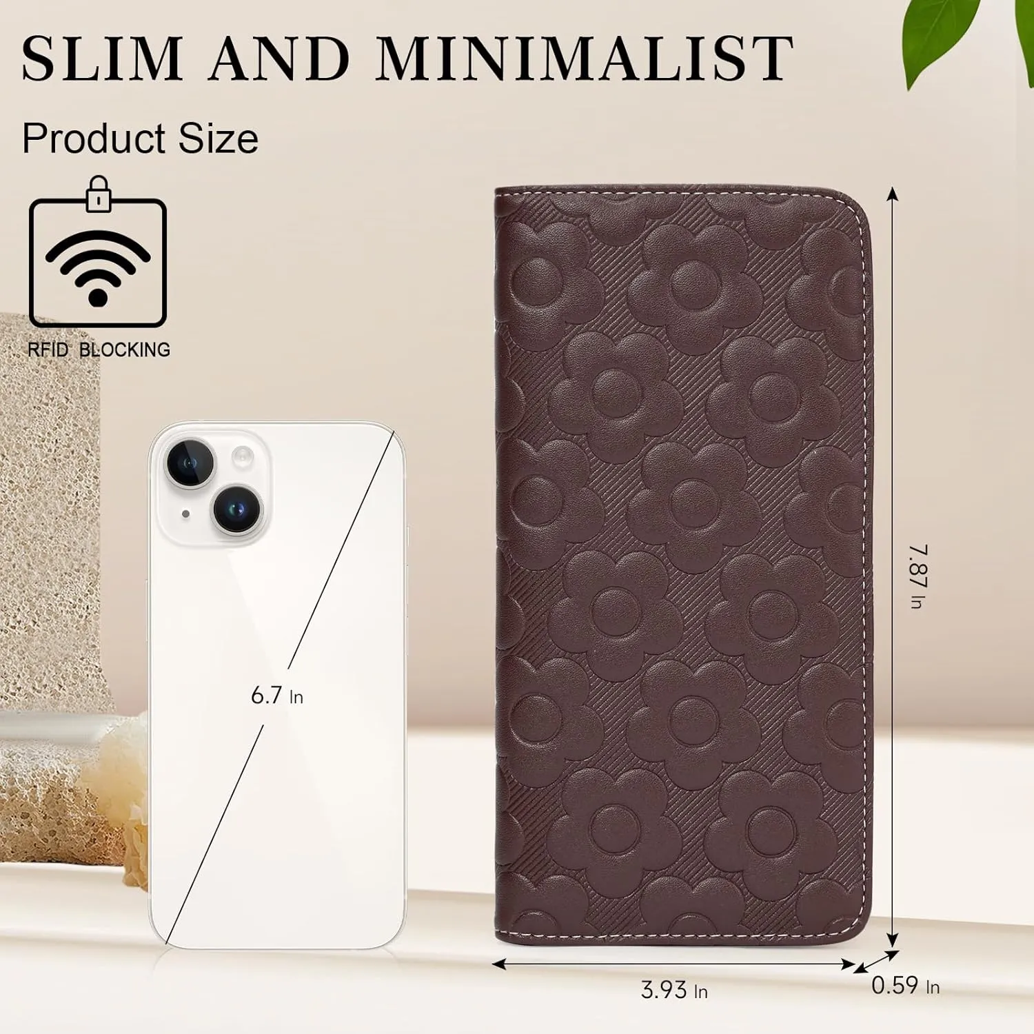 Ultra Slim Thin Wallet Women 3D Embossed Flower Leather Womens Wallet RFID Blocking Credit Card Holder Bifold Clutch Long Ladies Billfold Wallet for Women Coffee