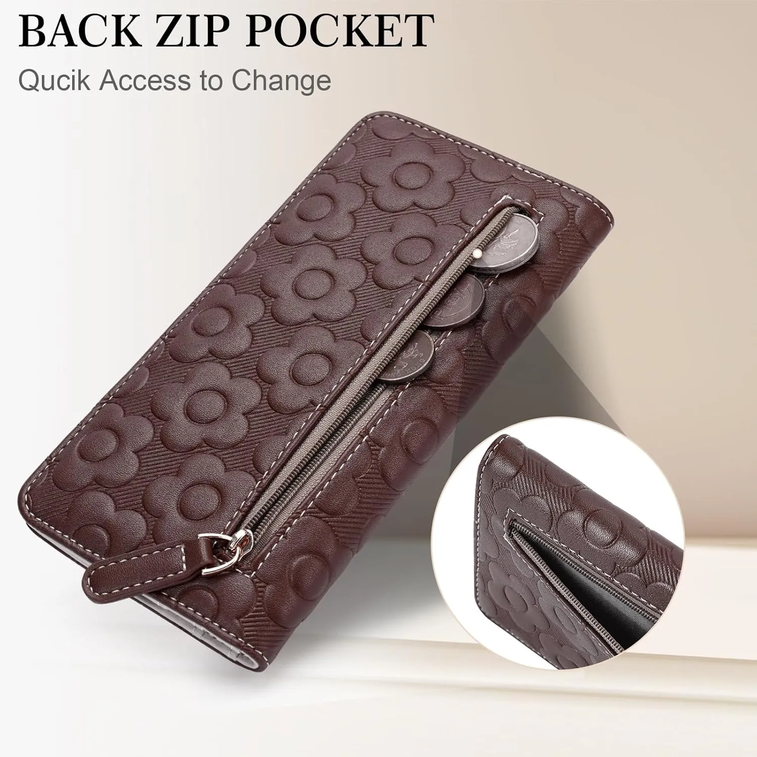 Ultra Slim Thin Wallet Women 3D Embossed Flower Leather Womens Wallet RFID Blocking Credit Card Holder Bifold Clutch Long Ladies Billfold Wallet for Women Coffee