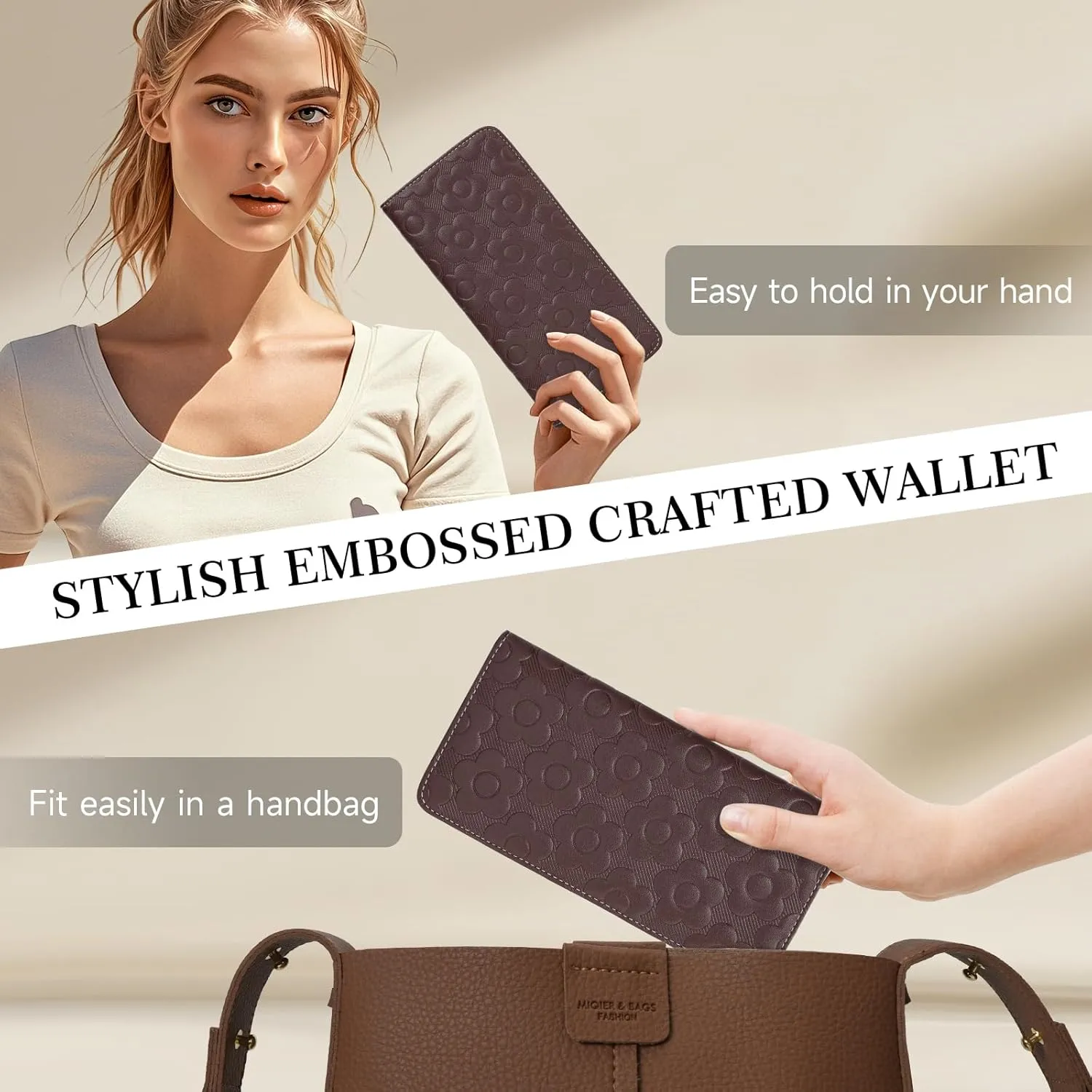 Ultra Slim Thin Wallet Women 3D Embossed Flower Leather Womens Wallet RFID Blocking Credit Card Holder Bifold Clutch Long Ladies Billfold Wallet for Women Coffee