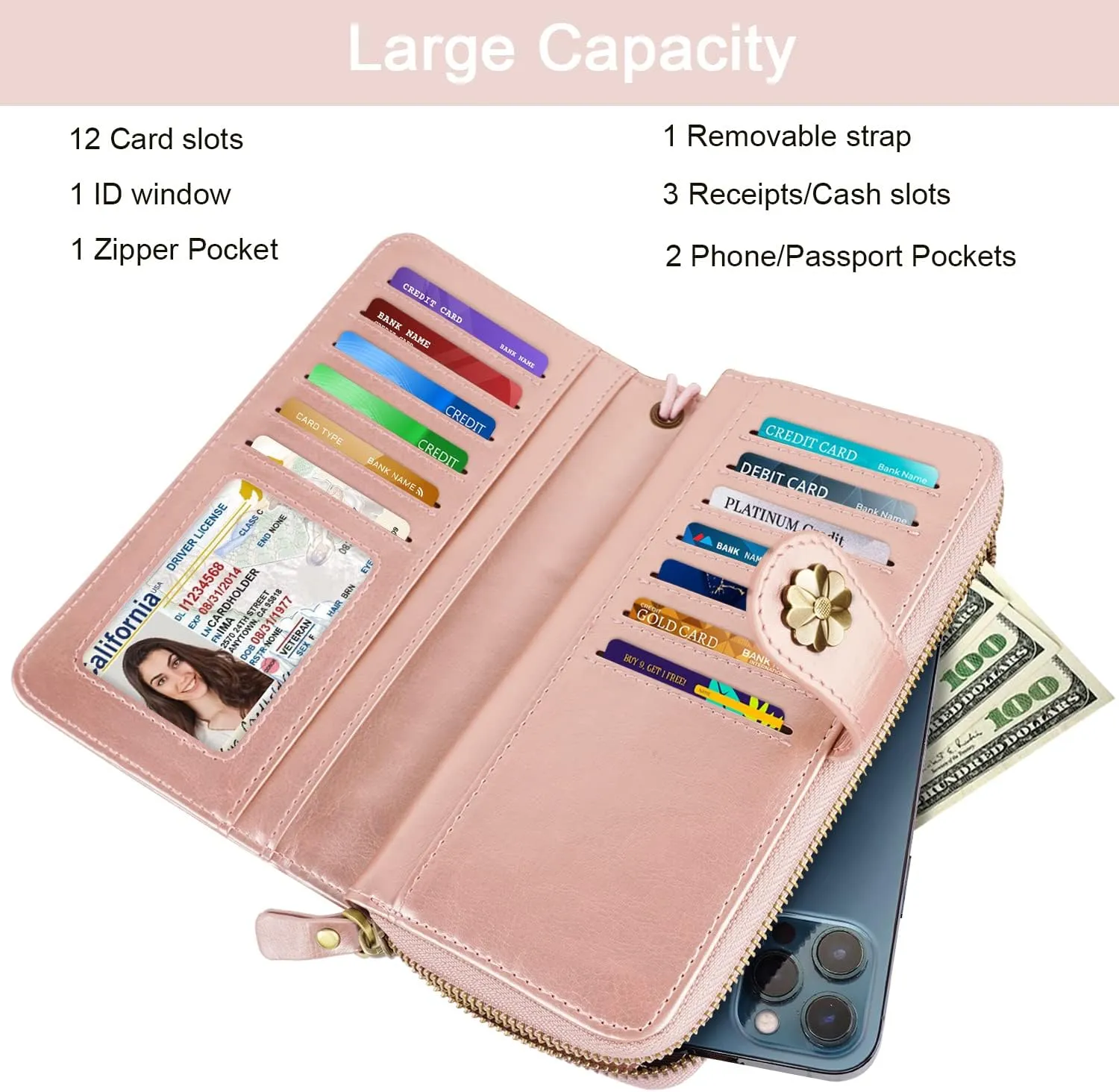Wallets for Women Multi Card Holder Wallet Clutch Wallet Card Holder Organizer Ladies Purse with Wrist strap Purse