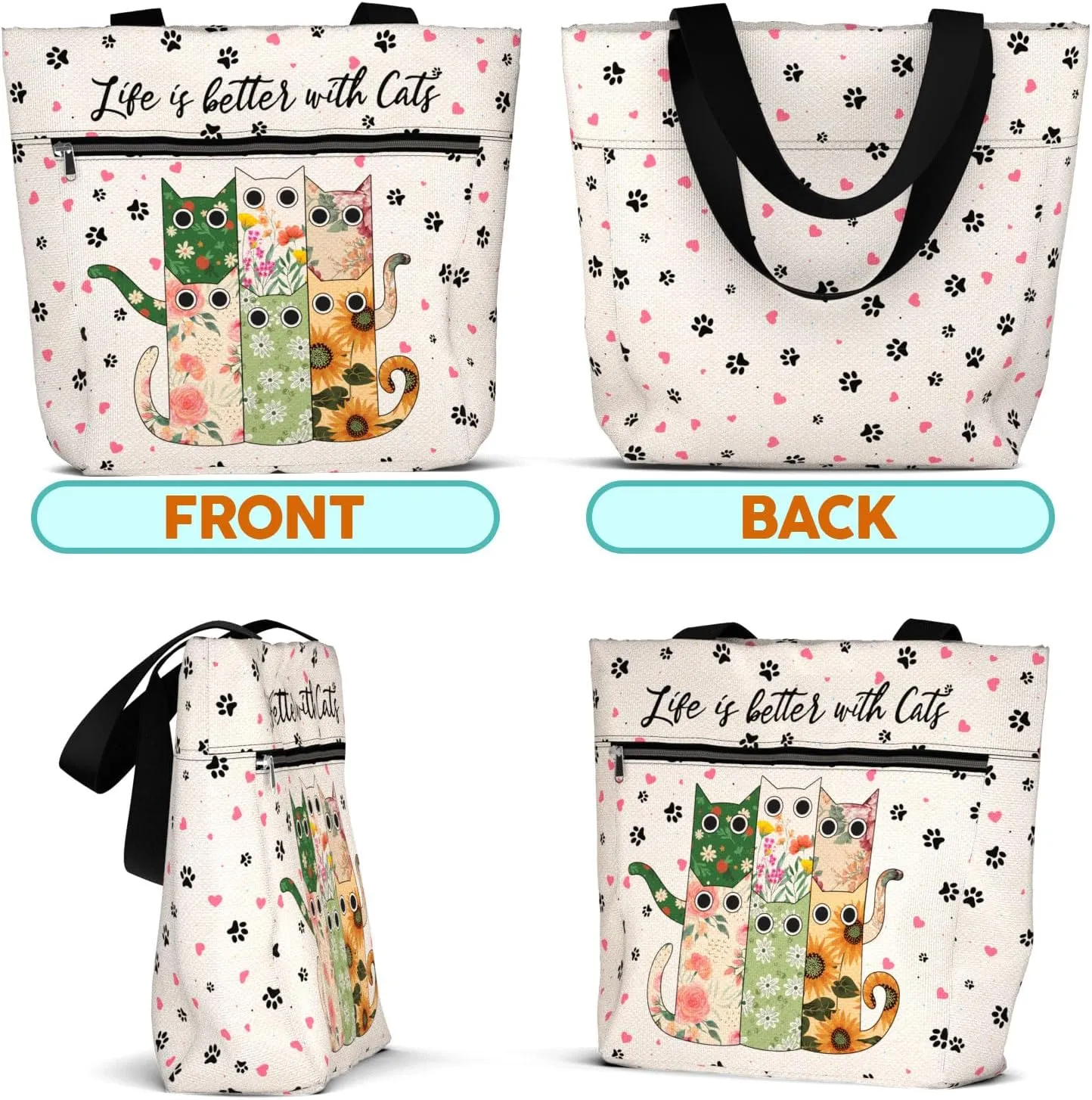 Waterproof Tote Bag with Pockets and Zipper for Work. Shoulder Bag for Women. Gift for Cat Lover Cat Owner.