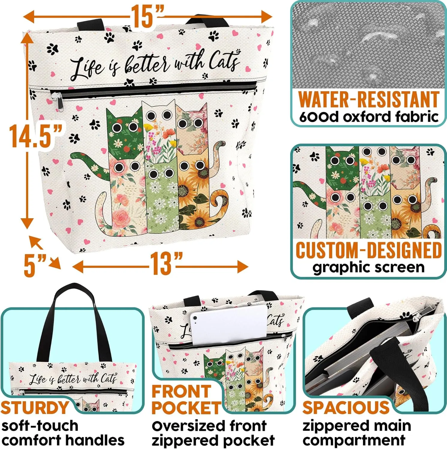 Waterproof Tote Bag with Pockets and Zipper for Work. Shoulder Bag for Women. Gift for Cat Lover Cat Owner.