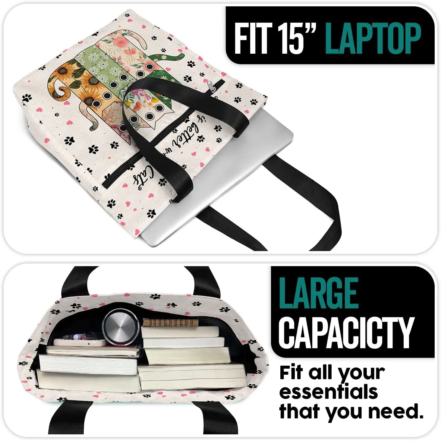 Waterproof Tote Bag with Pockets and Zipper for Work. Shoulder Bag for Women. Gift for Cat Lover Cat Owner.