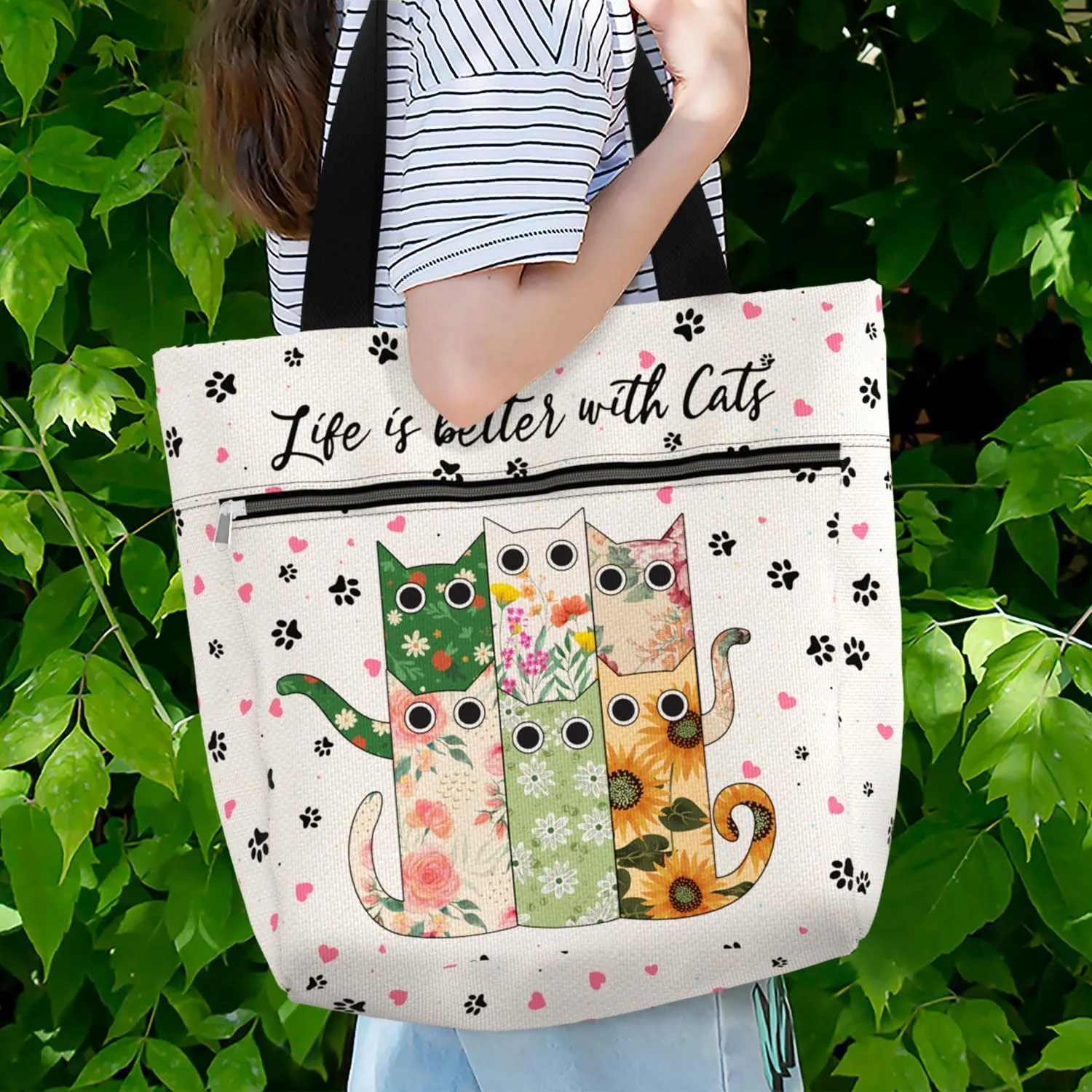 Waterproof Tote Bag with Pockets and Zipper for Work. Shoulder Bag for Women. Gift for Cat Lover Cat Owner.