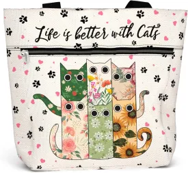 Waterproof Tote Bag with Pockets and Zipper for Work. Shoulder Bag for Women. Gift for Cat Lover Cat Owner.